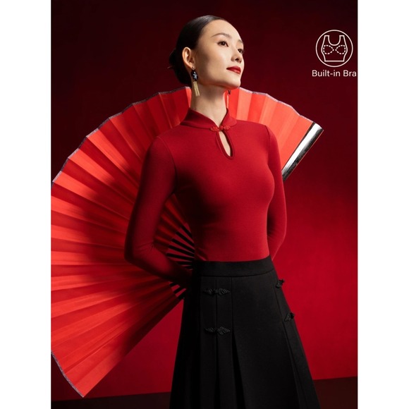 OGL Tops - OGL Red Fitted Keyhole Mock Neck Top